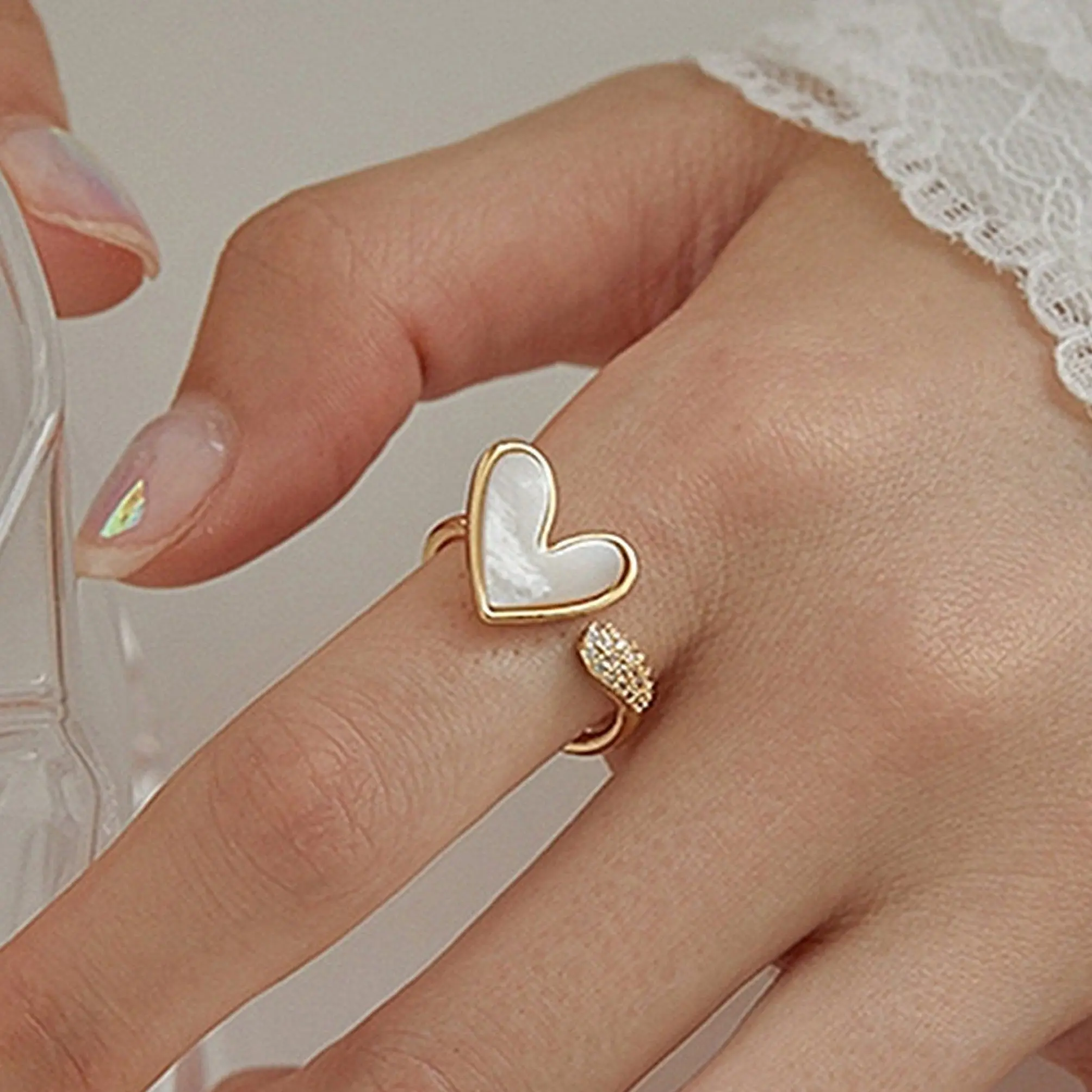 Mother of Pearl Gold Heart Cocktail Ring - Open Shell White Chunky Ring