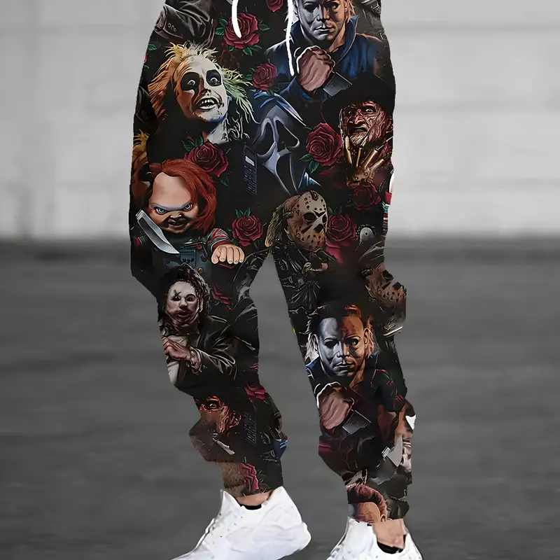 Men's Athletic Pants with Evil Character Graphic Print, Casual Polyester Joggers with Drawstring Waist for Sports and Everyday Wear, Athletic Men's Pants, Form-Fitting Men's Pants