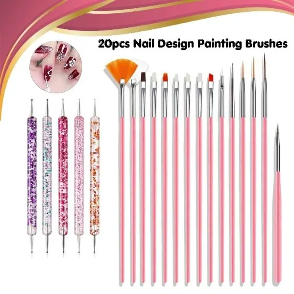20 Pcs Nail Art Brushes Set – Professional Nail Design Painting Brushes Kit for Acrylic & Gel Nails, Fine Liner Detail Brushes for Salon & DIY Nail Art (Pink)