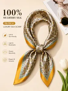 Women's 100% Silk Scarf 70x70cm, Luxurious Square Neck Scarf, Soft Breathable Satin Headscarf, Boho Paisley Print, Multi-Use Fashion Accessory