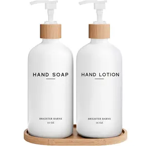 White Glass Soap and Lotion Dispenser Set with Tray by Brighter Barns - Hand Soap Dispenser Bathroom Set - Bamboo Bathroom Soap Dispenser Set - Minimalist Bathroom Accessories, Modern Home Decor