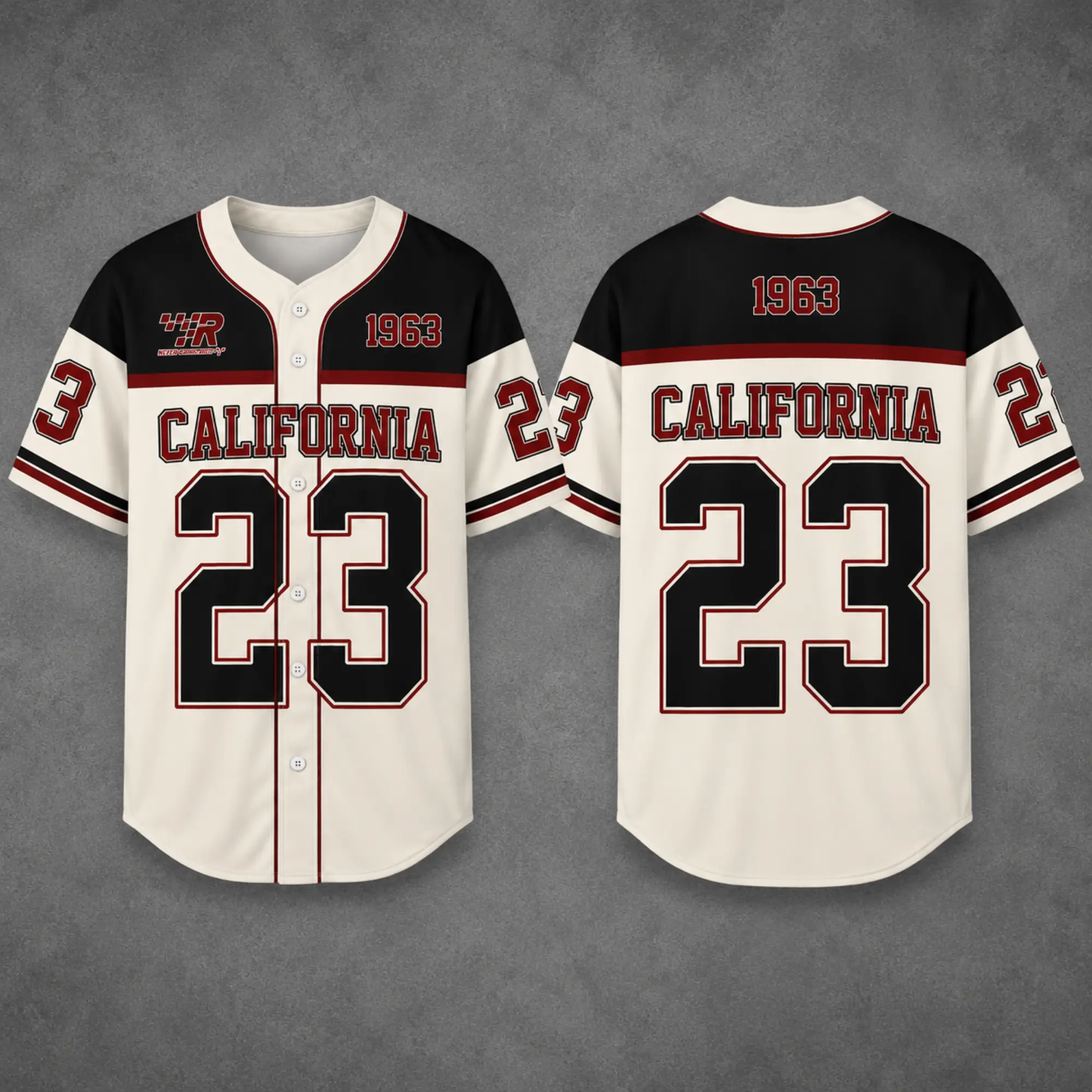 Cream Black Number 23 Baseball Jersey, Unisex Button Up Short Sleeve Sports Shirt, Retro West Coast Varsity Athletic Top, Vintage 1963 Inspired Game Day Jersey, Casual Streetwear Gift for Men and Women