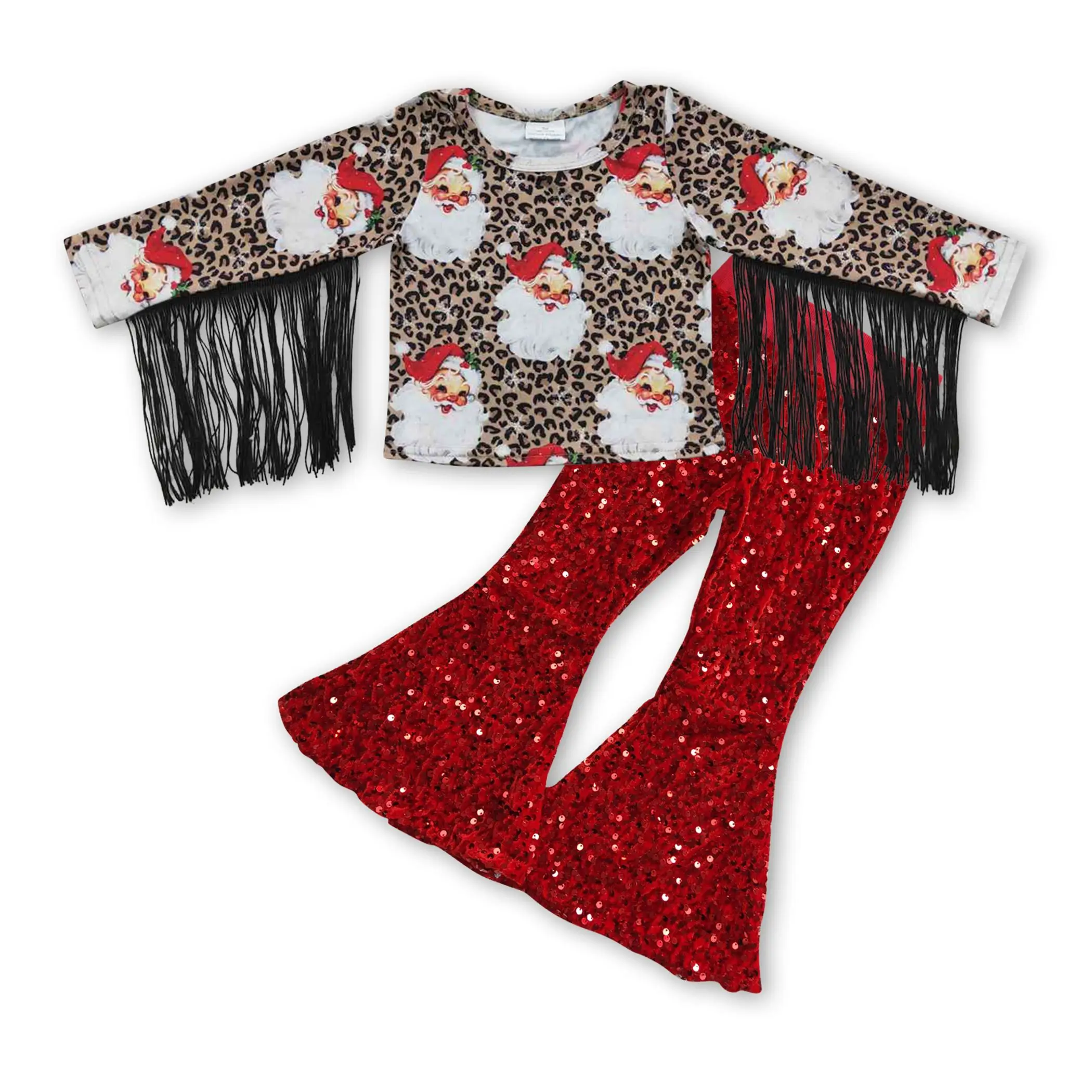 GLP0603--Christmas Santa tassel top +Red sequined bell bottoms girls outfits