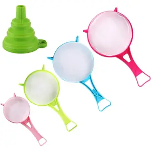 4 count Plastic Mesh Strainer Colander Set,  Soy Milk Flour Sieve Plastic Colander Strainer with Long Handle Icing Sugar Sifters Fine Strainer  Filter and  Foldable Funnel