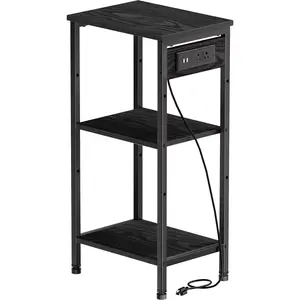 Tall Nightstand with  Station, 3 Tier Narrow Tall End Table with Storage, Slim Side Table with USB Ports and Outlets for Bedroom, Living Room, Office, Black