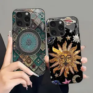 Boho Festival Aesthetic Case Celestial Sun Mandala Whimsigoth Glass Cover for iPhone 16 Pro Max---975