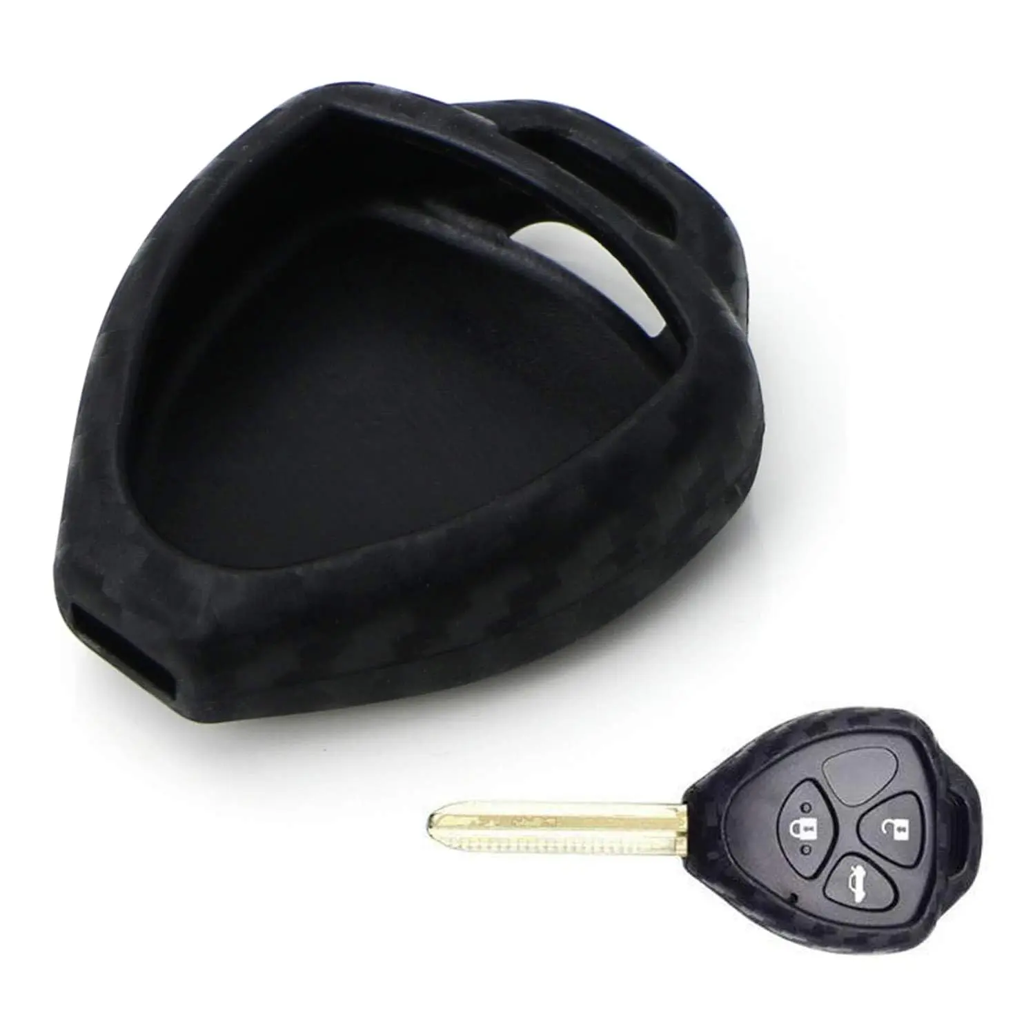 iJDMTOY Carbon Fiber Finish Soft Silicone Key Fob Cover For Toyota Scion Heart Shape Blade Key (Black Twill Weave Pattern)