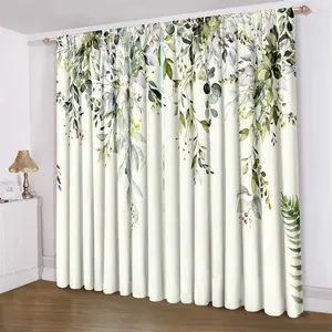Leaf Print Curtain, 2 Counts/set Modern Simple Fresh Leaves Light Filtering Curtain, Window Curtain for Home Living Room Bedroom Office Decor, Home Decoration Curtain