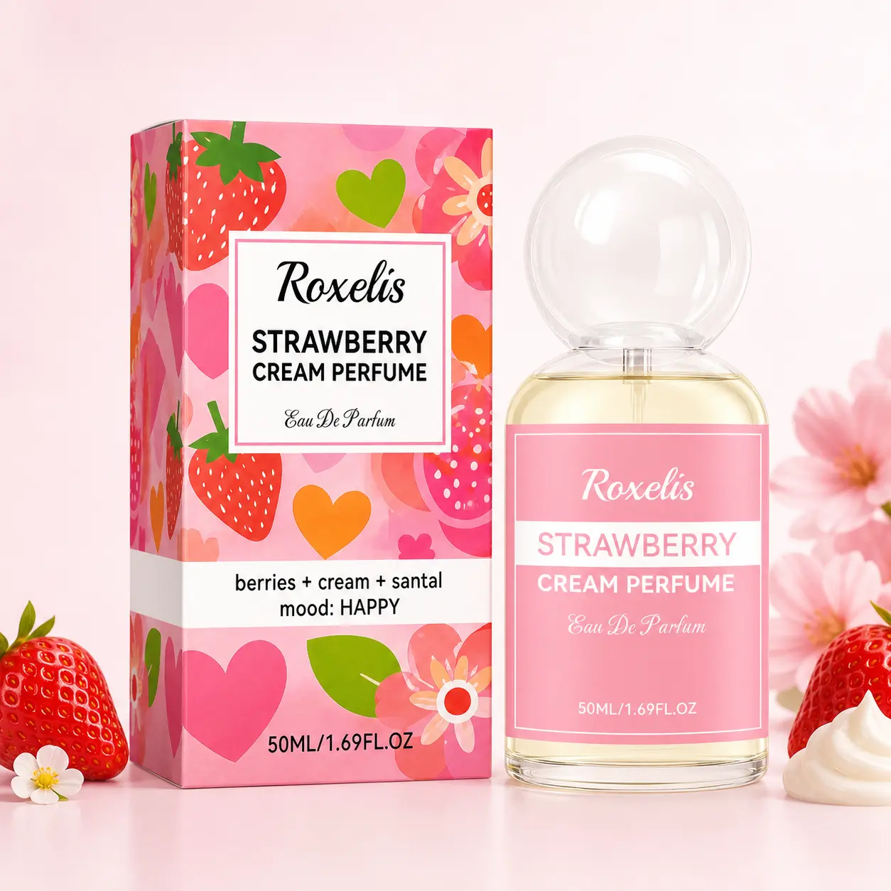 Roxelis Strawberry Cream Perfume for Women, 50ml Eau de Parfum, Sweet Creamy Strawberry Vanilla Gourmand Fragrance, Fruity Floral Scent for Daily Wear, Date Night & Gifts