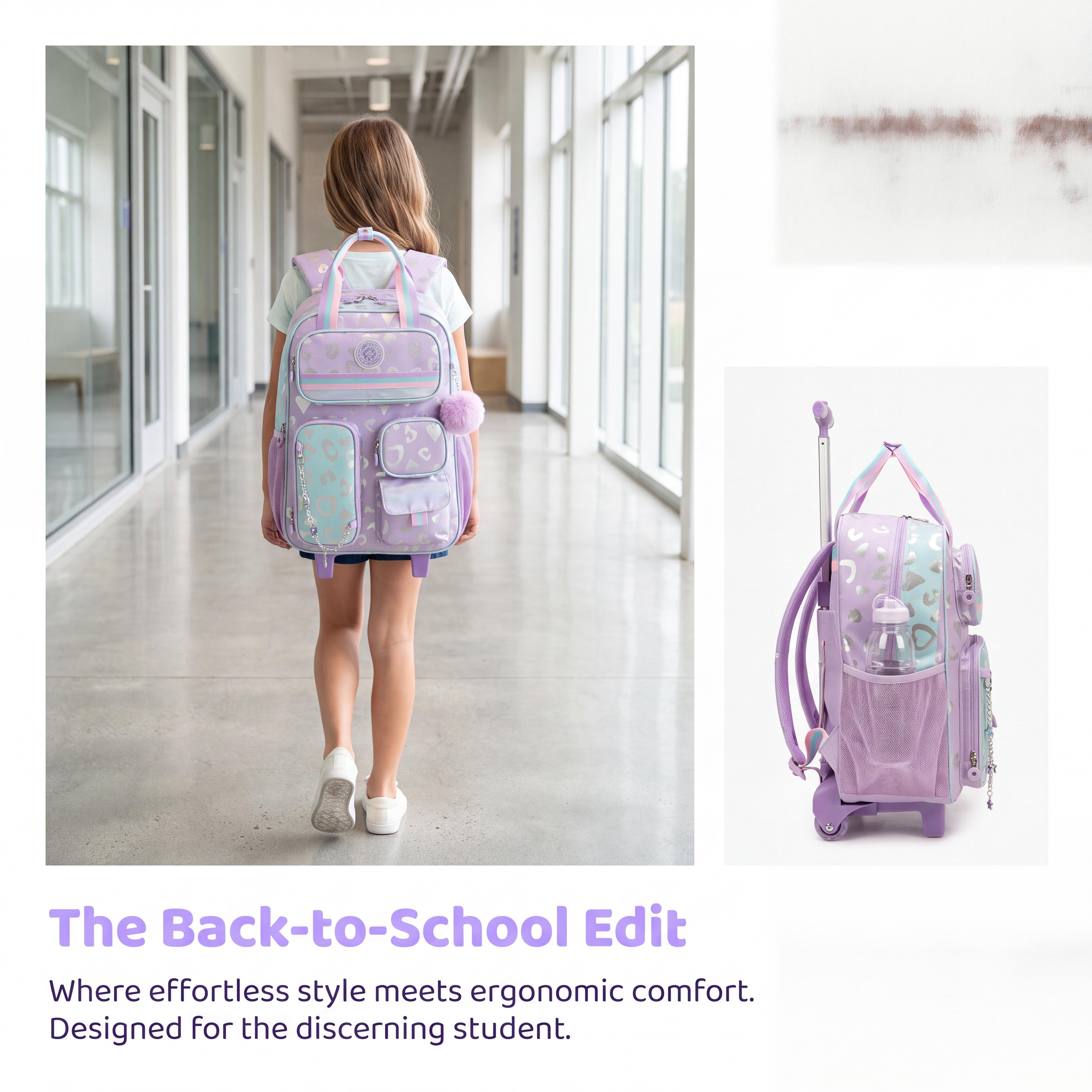 Lavender Purple 3-Piece Rolling Backpack Set for School Use - Polyester Preppy Holiday Trolley Bookbag with Metallic Leopard Heart Print, Multi-Pocket Utility Pouches, Purple Pom Pom, Insulated Lunch Bag & Pencil Case