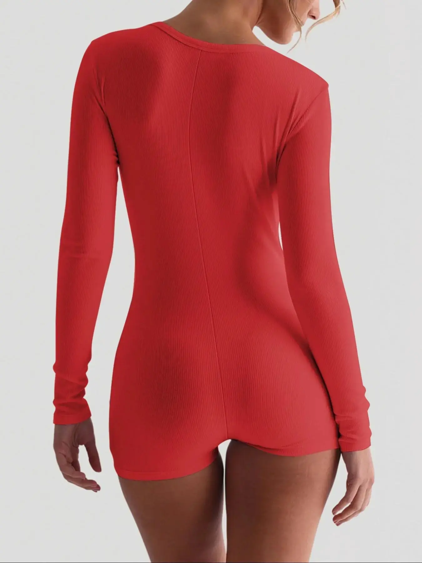 Women's Plain Button Front Ribbed Medium Romper, Casual Long Sleeve Skinny Romper for Spring & Fall, Women's Clothes for Daily Wear, Womenswear