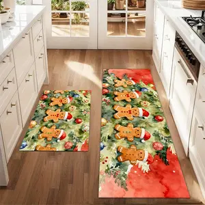 2Pcs Christmas And New Year Watercolor Printed Kitchen Rug Set Gingerbread Person Mat Set Farmhouse Kitchen Carpet Restaurant Floor Laundry Room Decoration Carpet Mat