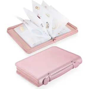 Jewelry Travel Organizer Case, PU Leather Portable Jewelry Storage Book with Transparent Pockets Zipper Bag for Necklaces, Earrings, Bracelets(48 Grids+48 Thicken PVC Bags), Rose Gold