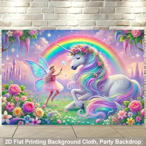 1pc 2D Flat Printing Backdrop Banner Unicorn And Fairy Happy Birthday Polyester Fabric Wall Covering Background Cloth for Living Room Bedroom Office and Outdoor Decor Ideal for Parties and Holiday Gifts Ornaments