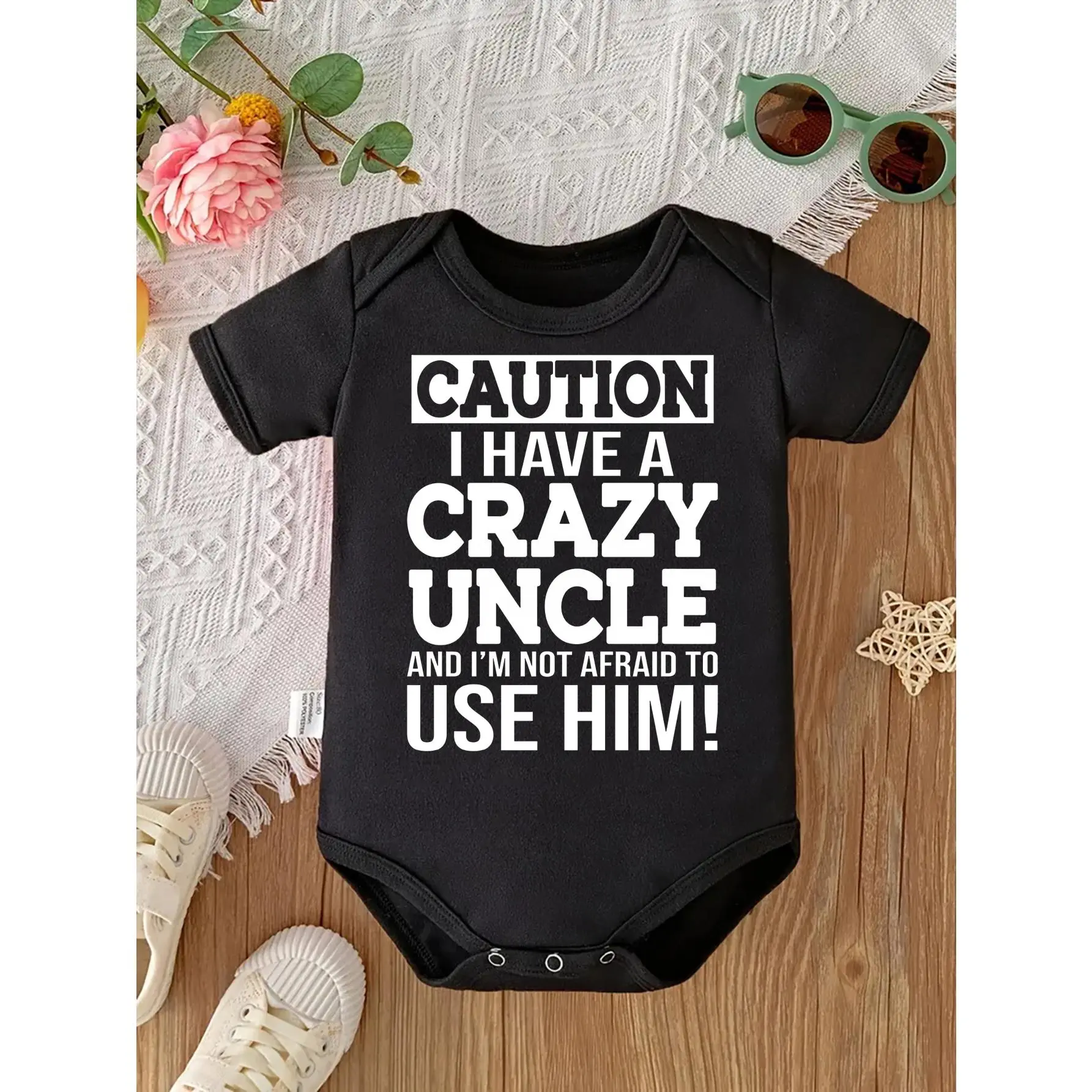 Cute Baby Bodysuit With Caution I Have A Crazy Uncle And Im Not Afraid To Use Him Print Soft Versatile Round Neck Button Detail Regular Fit All Seasons Knitted Fabric Onesie For 0-12 Months, Baby Design Unisex Bodysuits & One-Pieces