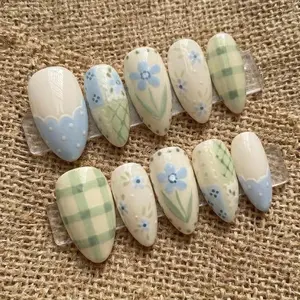 Handmade Cottagecore Floral Press-on Nails | Pastel Blue & Green Almond Nails