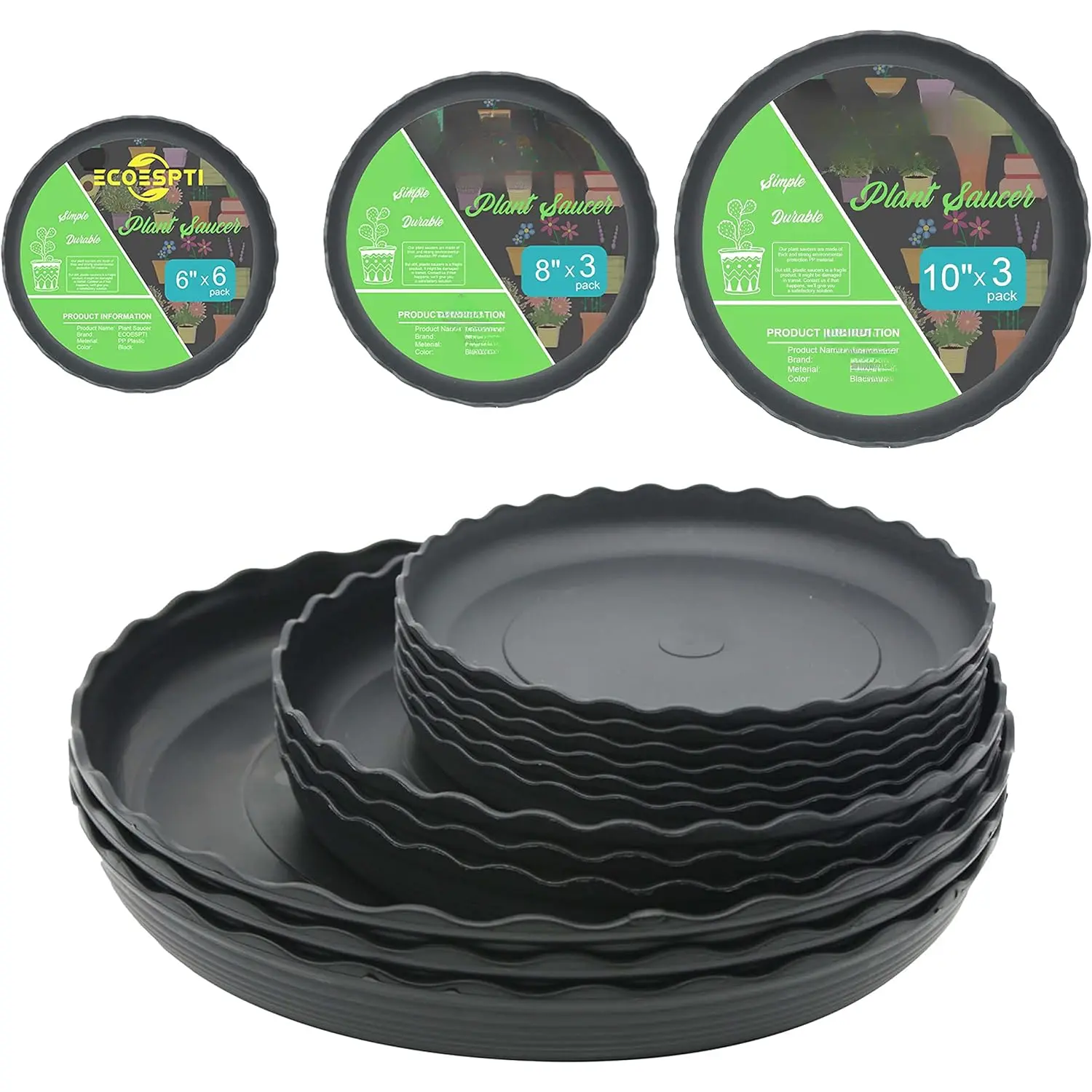 12 count  Saucer, 6 8 10 Inch Durable Plastic  Tray, Black Round  Pot Saucers, Drip Tray for Indoor and Outdoor Garden