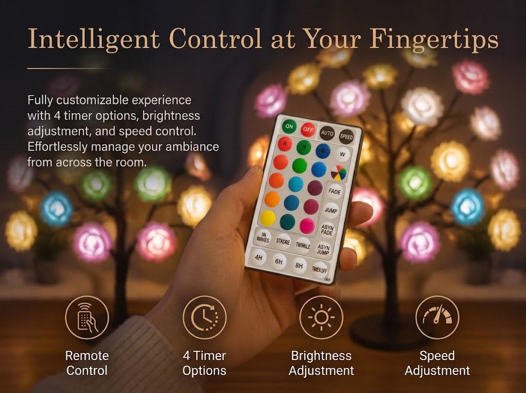 RGB LED Rose Flower Tree Lamp - Remote Control, Upgraded Chip, Timer, USB/Battery Powered, Dimmable, RGB Night Light, Indoor Table Lamp, Camping Lantern, Romantic Gift for Her, Housewarming Decor, Indoor Use, Aesthetic Table Lamp