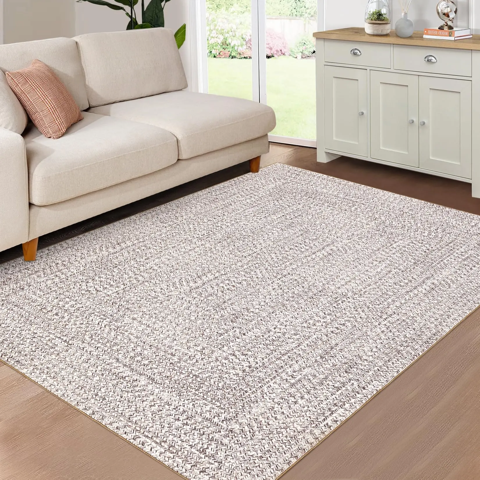 Washable Rugs 5x7 Modern Braided Print Rug (Not Woven) Non Slip Rug for Living Room Low Pile Braided Print Rugs Woven Pattern Indoor Floor Carpets for Office Dining Nursery, Beige Gray