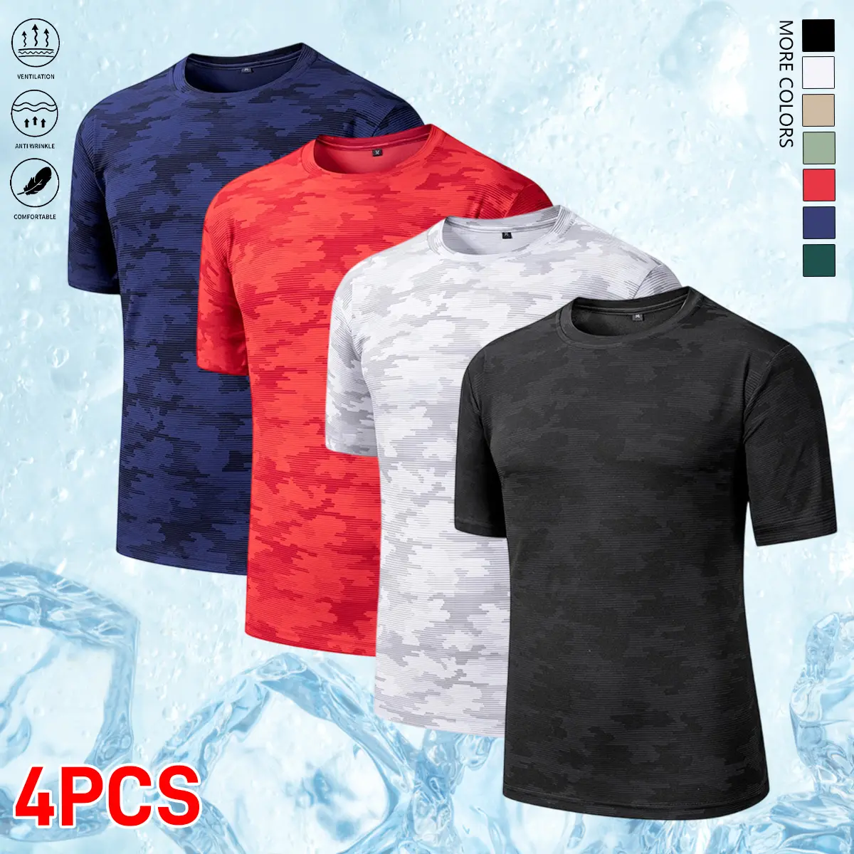 Men's 4-Pack Camouflage Round-Neck Athletic T-Shirts, Quick-Drying & Lightweight for Summer Workouts and Casual Sports, Breathable Men's Short-Sleeve T-Shirts, Polyester, Camo Print, Black + Light Green + Khaki + Dark Green