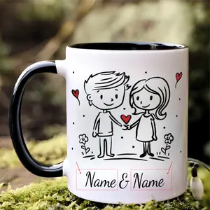 Custom Couple Mug Double-Sided Heart Design Available Personalized Name Engraving Valentine'S Day Anniversary Christmas Gift for Him/Her Cute Romantic Home Decor Cartoon Style Illustration Sturdy Handle Drinkware Reuse