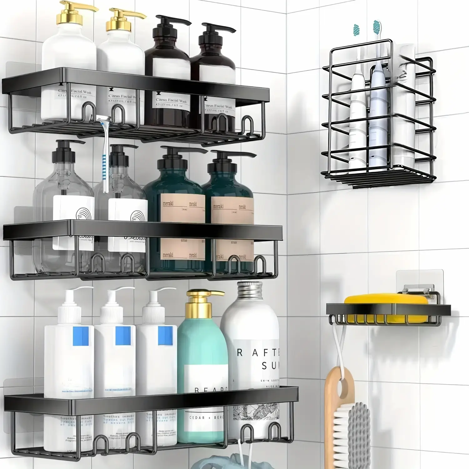 Shower Caddy, 5 Pack Shower Organizer Rack for Inside Shower, Self Adhesived Shower Shelf Large Capacity Rustproof Stainless Steel Bathroom Wall Storage Shower Basket, Random Color Properties to Choose, Shower Caddies