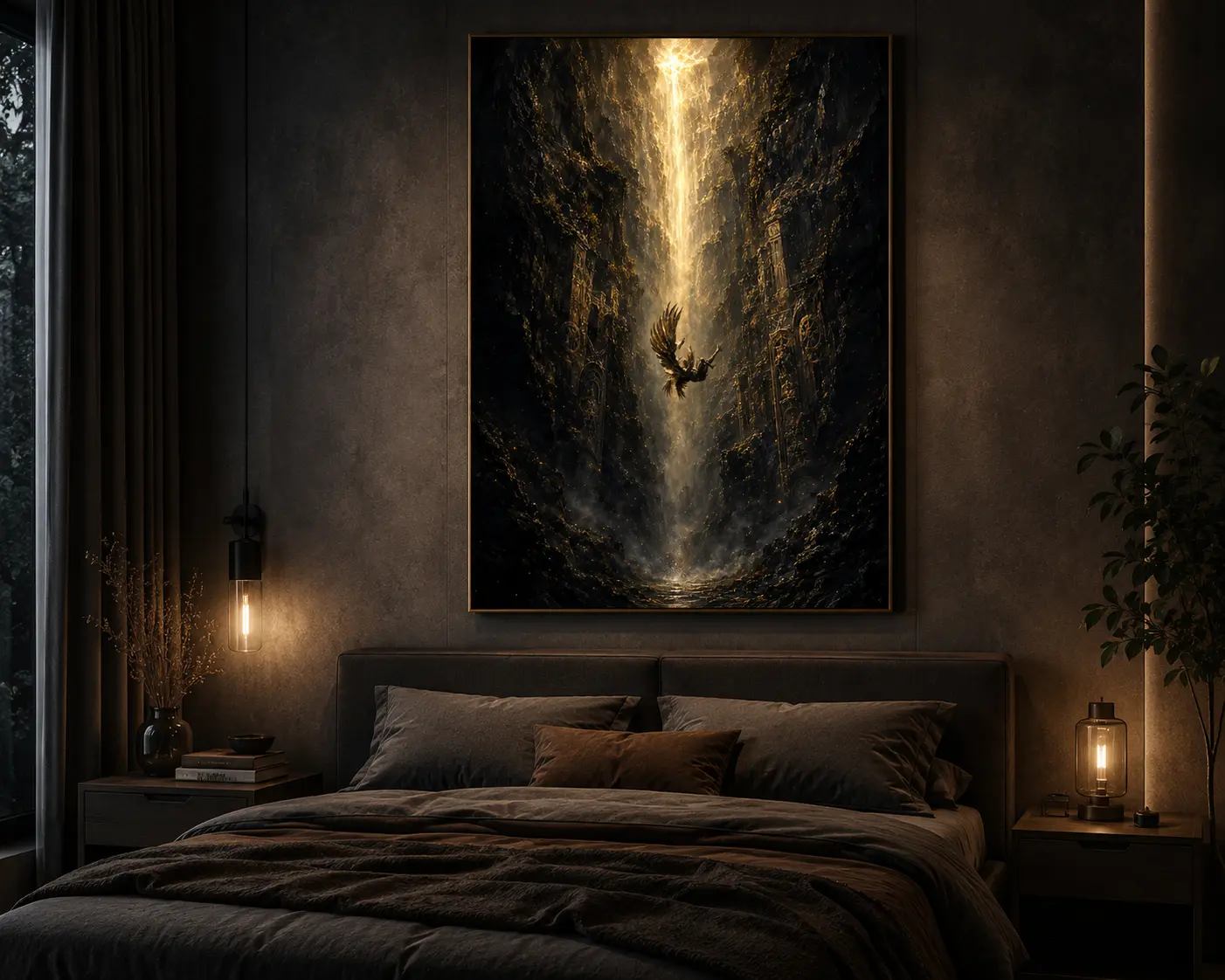 Epic Fallen Angel & Golden Light Fantasy Poster – Cinematic Dark Wall Art