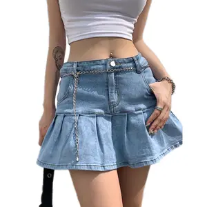 ZX-Womens Casual Slim A-line Pleated Ruffle Short Mini Denim Skirts Bottom Womenswear  skirt skirts