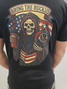 Merica Motorworks Patriotic Themed "Bring The Ruckus" Shirt with Grim Reaper & Nitrous Bottle Design.