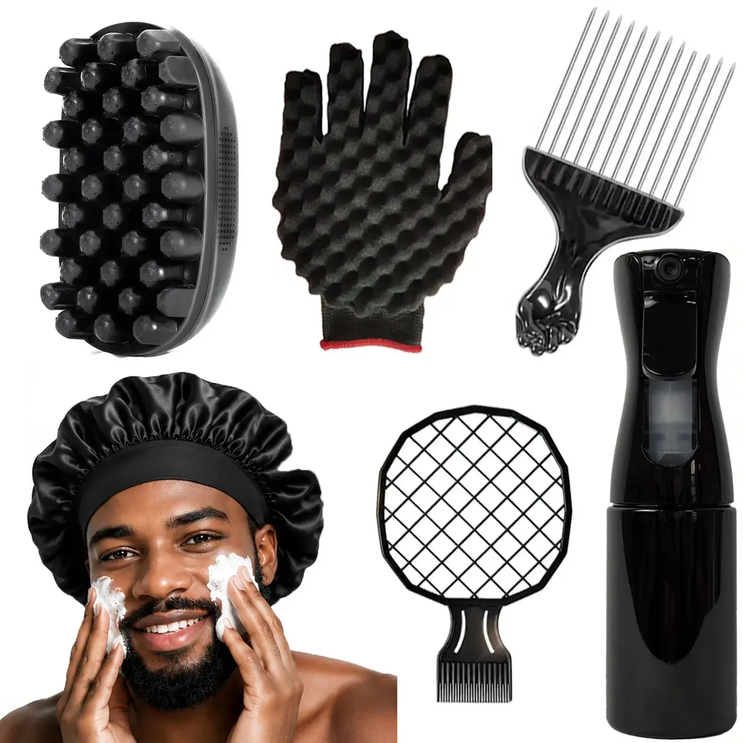 Men's Twist Curl Heatless Styling 6-Piece Kit, Curl Styling Kit: Includes twist sponge, wave brush, detangling comb, and spray bottle, designed for defining curls, enhancing wave patterns, and styling natural textured hair for a clean, well-groomed l