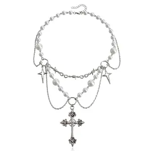 Fashion Cross Pendant Necklace Gothic Layered Necklace Pearl Beaded Necklace Sweater Chain Women Jewelry Accessories
