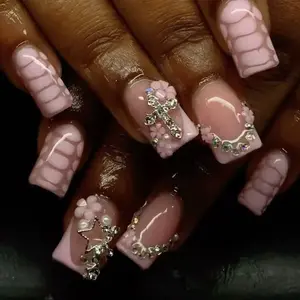 24pcs Square Medium-Length Nails, Nude Base + Alligator Pattern + 3D Flowers + Rhinestones + Pearls, Reusable, Beginner-Friendly, Press On Nails, Reusable Fake Nails