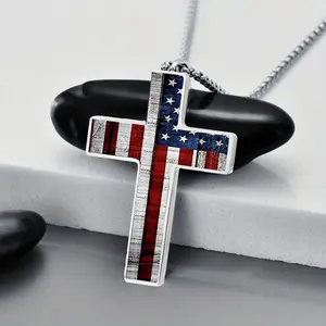 A necklace featuring the American flag, with a patriotic cross inlaid with glass pendant, an ideal choice to showcase American pride, perfect for Independence Day holiday party jewelry and decorations