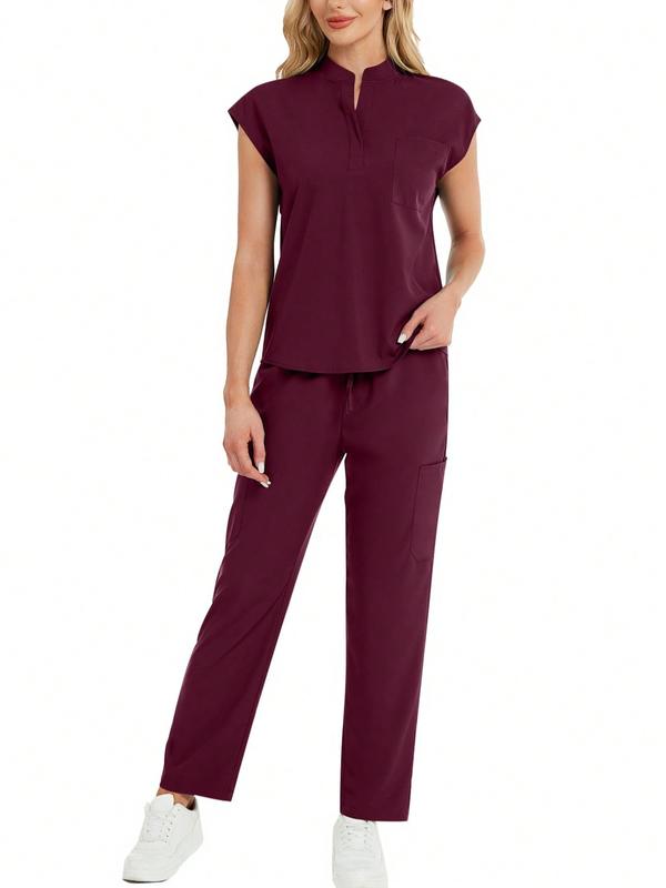 Cimmuovere Women's Solid Notched Neck Batwing Sleeve Top & Drawstring Waist Pants Two-Piece Scrub Set, Casual Cap Sleeve Top & Pocket Trousers for Summer, Vital Scrub Top, Women's Uniforms for Work, Medical Scrub Sets