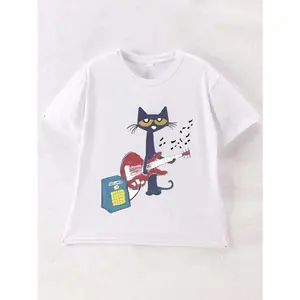 Teen Girl Guitar Cat Print Graphic Tees For Girl Short Sleeve T Shirts,Teen Girl's Summer Tops Crewneck Shirt BlouseMinimalist Style  Sweatshirt ,Oversized Tee