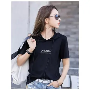 Women's Summer Casual Short Sleeve Hoodie - Loose Fit Lightweight Breathable Fabric with Eye-catching 'ORIENTA' Letter Print and Adjustable Drawstring Brim, Machine Washable, Comfortable Daily Wear, Opaque Material, Fashionable Design, Soft Texture, Pullo