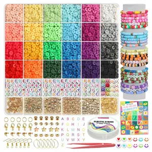 6000+PCS Clay Beads Bracelet Making Kit,24 Color DIY Flat Preppy Beads for Friendship Jewelry Making,Polymer Heishi Beads with Charms Gifts for Teen Girls Crafts for 4-12