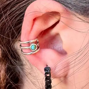 Sterling Silver 3mm Turquoise Ear Cuff | Wide Conch Band | No-Piercing Earring