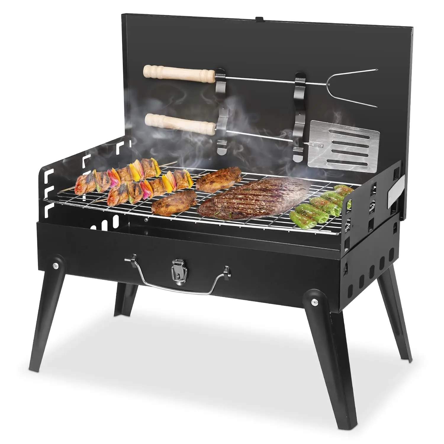 Compact Detachable Portable Folding Charcoal Barbecue Grill, Small Outdoor Stove with Lid & Adjustable Vents, 4-Piece Barbecue Accessory Dining Set for Camping, Picnic, Backyard Cooking