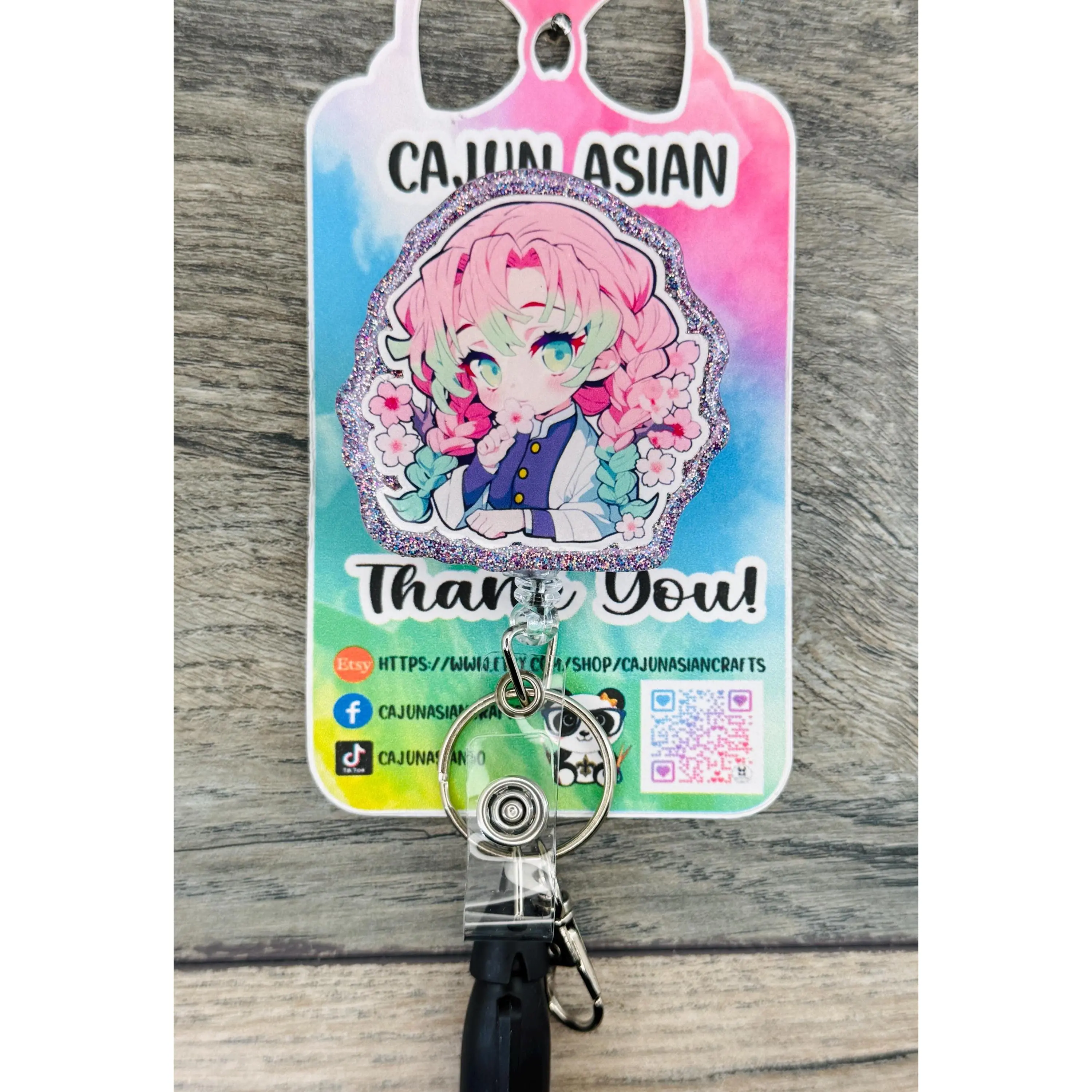 Pink Hair Demon Girl Anime Badge Reel/ID Clip Retractable-(Alligator, Belt, MRI Safe, Carabiner Clips) & Non-Retractable Clips