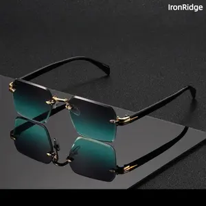 Unisex Rimless Rectangular Cut-Edge Sports Sunglasses, Men's Accessories, Metal Frame, Gold-Accent Black Temple, Gradient Glass, UV400 Lens, CE Certified, Retro Luxury Shades for Driving, Summer Wear