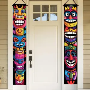 Tiki Face Pattern Banner, 2pc Flat Design, Ideal for Tropical Bars & Outdoor Events, Perfect for Hawaiian Pool Parties & Birthdays