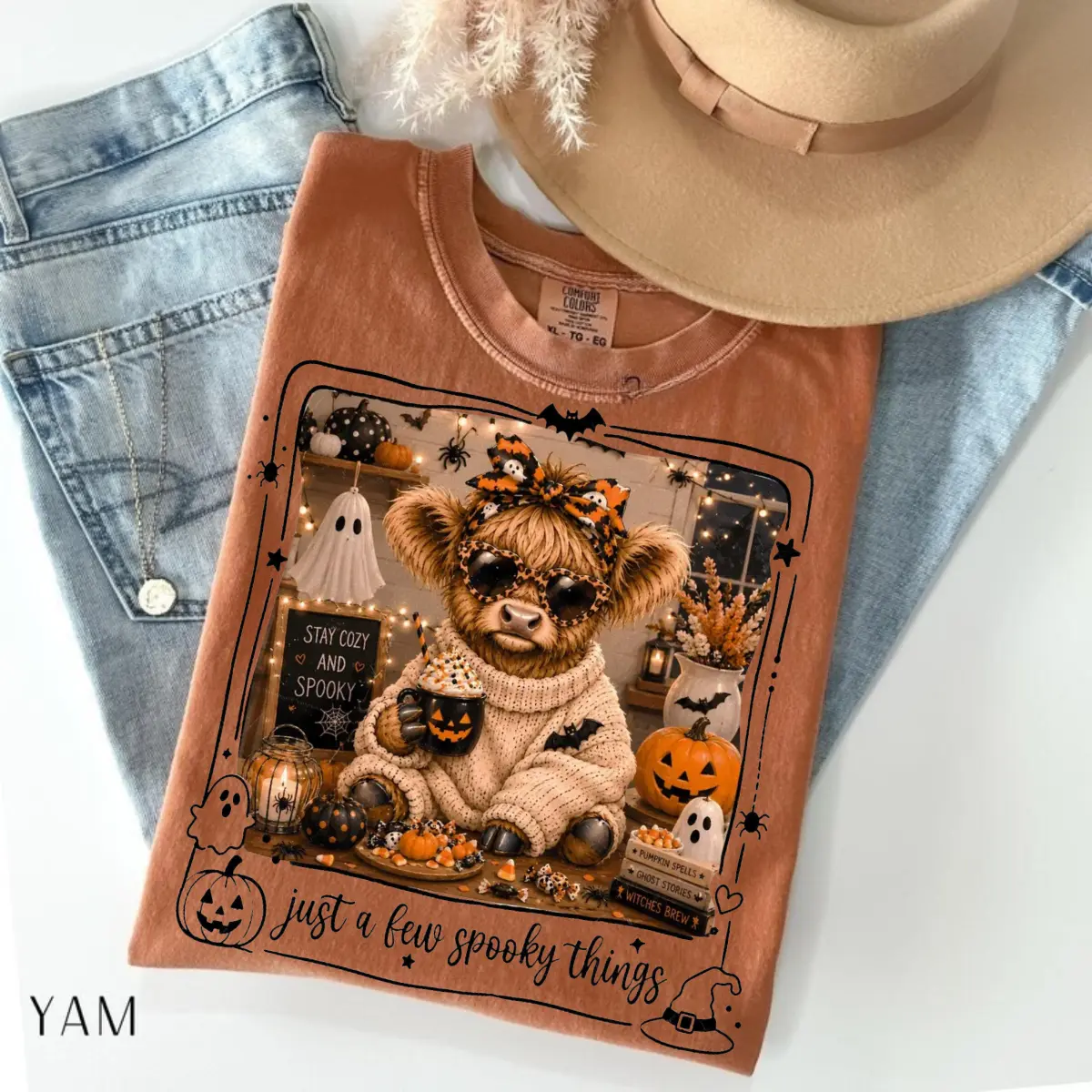 Comfort Colors Just a Spooky Things Shirt, Highland Cow Halloween Graphic Tee, Autumn Pumpkin Leopard Bow T-Shirt, Coquette Fall Apparel