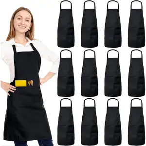 12 Pack Bib Apron, Unisex Restaurant Kitchen Aprons for Women with 2 Pockets, Chef Aprons for Cooking Men BBQ Painting Drawing Craft Plain Adults, Bulk Black