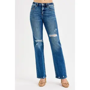 RISEN Tummy Control High Rise Straight Leg Distressed Dark Washed Jeans
