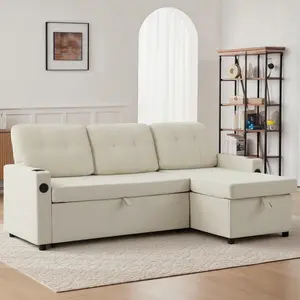 82 Inch L-Shaped Pull Out Sleeper Sofa, Modern Upholstered Sectional Couch Built with USB Charging Port and Side Pockets, Functional Furniture for Living Room and Guest Room Daily Use Foldable Linen Storage Ottoman Bed Massage Gaming Recliner Chair