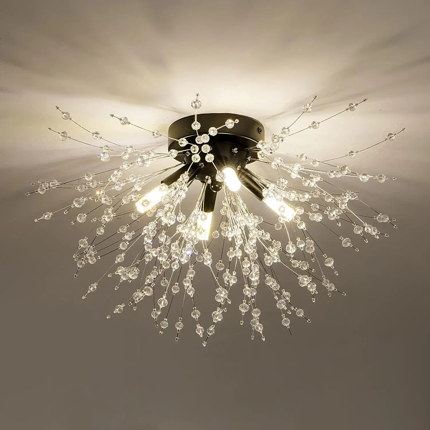 Matt Black 4-Light Mini Crystal Sputnik Firework Chandelier, Modern Black Crystal Semi-Flush Mount Ceiling Light Fixture (17.7 Inches Wide, 9.5 Inches High, 40Watts) for Bedroom, Shops, Basement