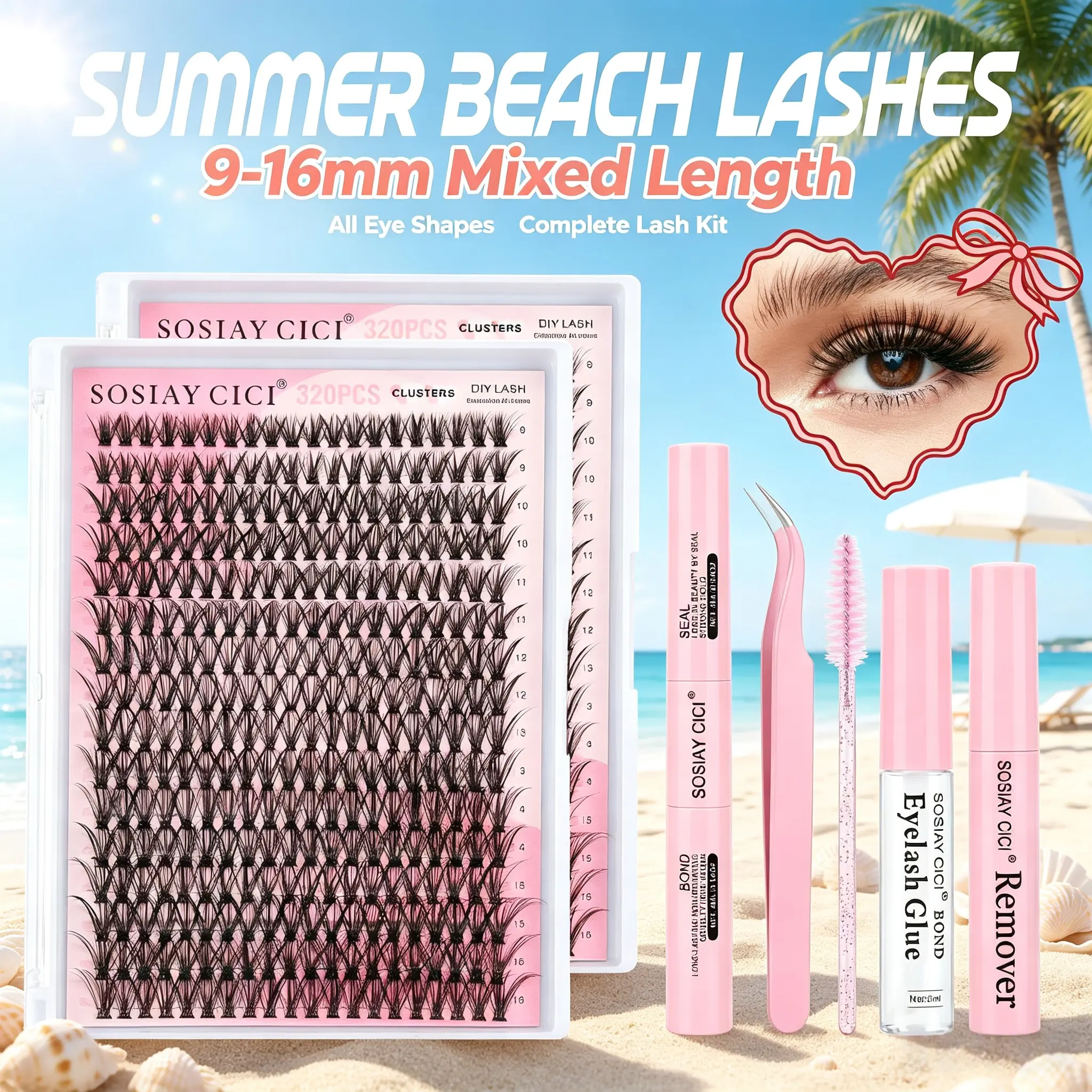 Lash Clusters Kit Wispy Eyelash Clusters Lashes Natural DIY Lash Extension Kit 9-16mm Cluster Eyelash Extensions Kit 320pcs D Curl Individual Lashes Cluster Eyelash with Waterproof Clear Glue Eyelash Remover Tweezers Brush and Bond&Seal
