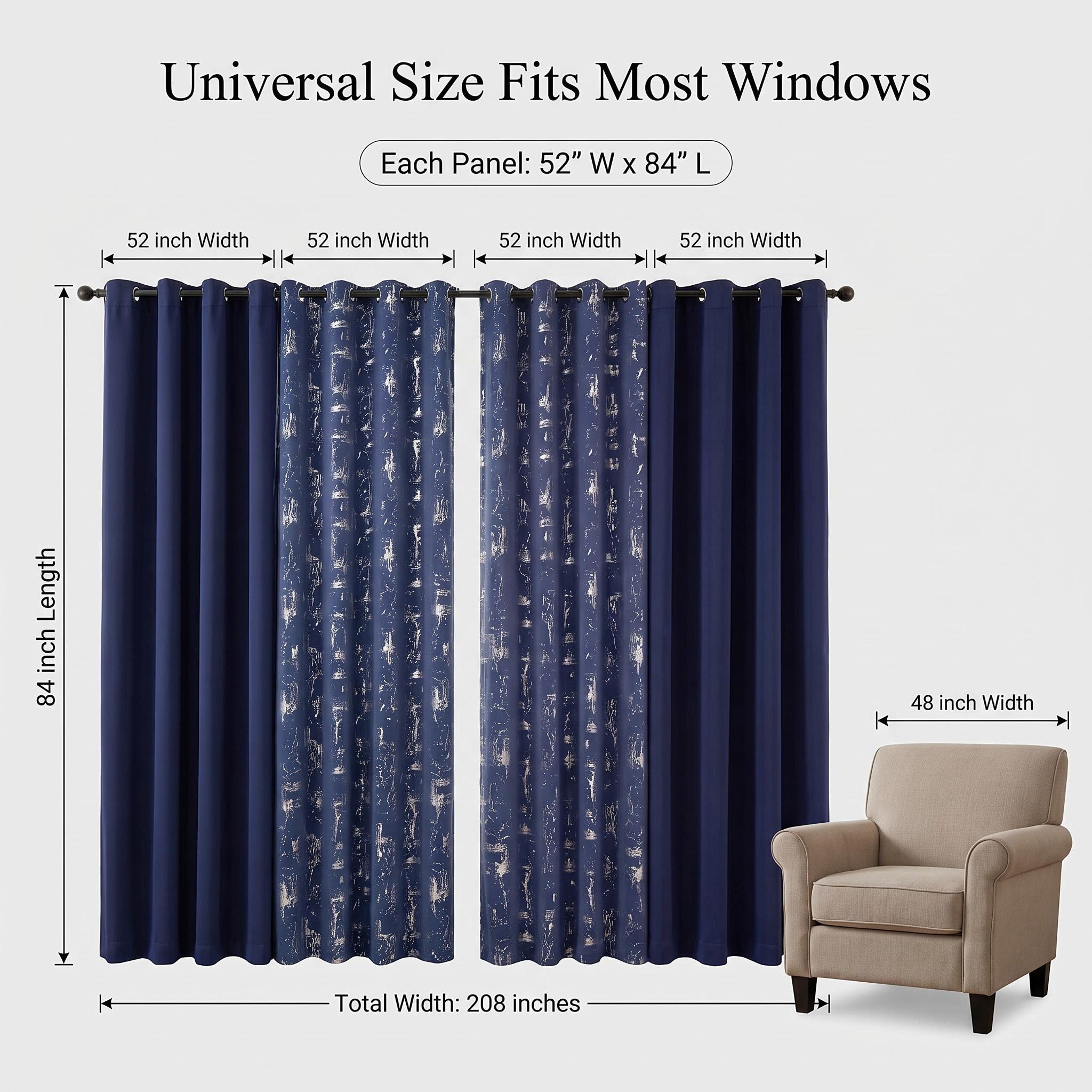 4-Panel 52"x84" Grommet Curtains Combo (2 Solid Blackout + 2 Foil Metallic Printed), Thermal Insulated Noise-Reducing Window Drapes, Room Darkening for Bedroom Living Room, Machine Washable QF222 & QF639, Blackout Curtains