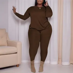 Women's Plus Size 2-Piece Sweatsuit Set, Long-Sleeve Round Neck Top & Pants, Casual Home Sportswear, Daily Wear, Plus Size 2 Piece Sets